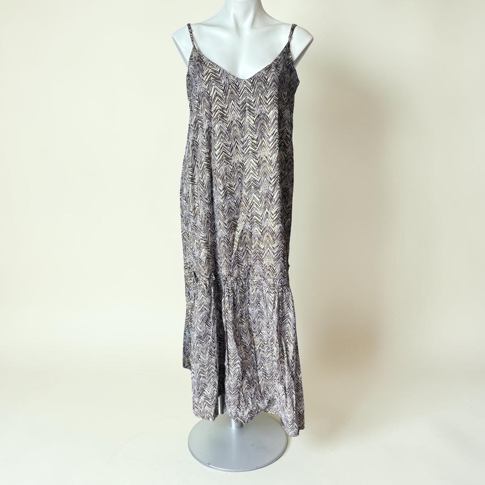 Jude Connally Arora Flounce Midi Dress Brown Gold White Herringbone Zebra Size L